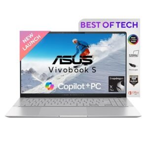 ASUS Vivobook S15,Snapdragon X Plus,Copilot+ AI PC(Qualcomm Adreno iGPU/45TOPS/16GB RAM/1TB SSD/3K OLED/15.6"/120Hz/Backlit Keyboard/70WHrs/Windows 11/Office 2021/Cool Silver/1.42 kg) S5507QA-MA551WS
