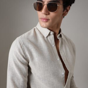 Brown Beige Blended Linen Shirt