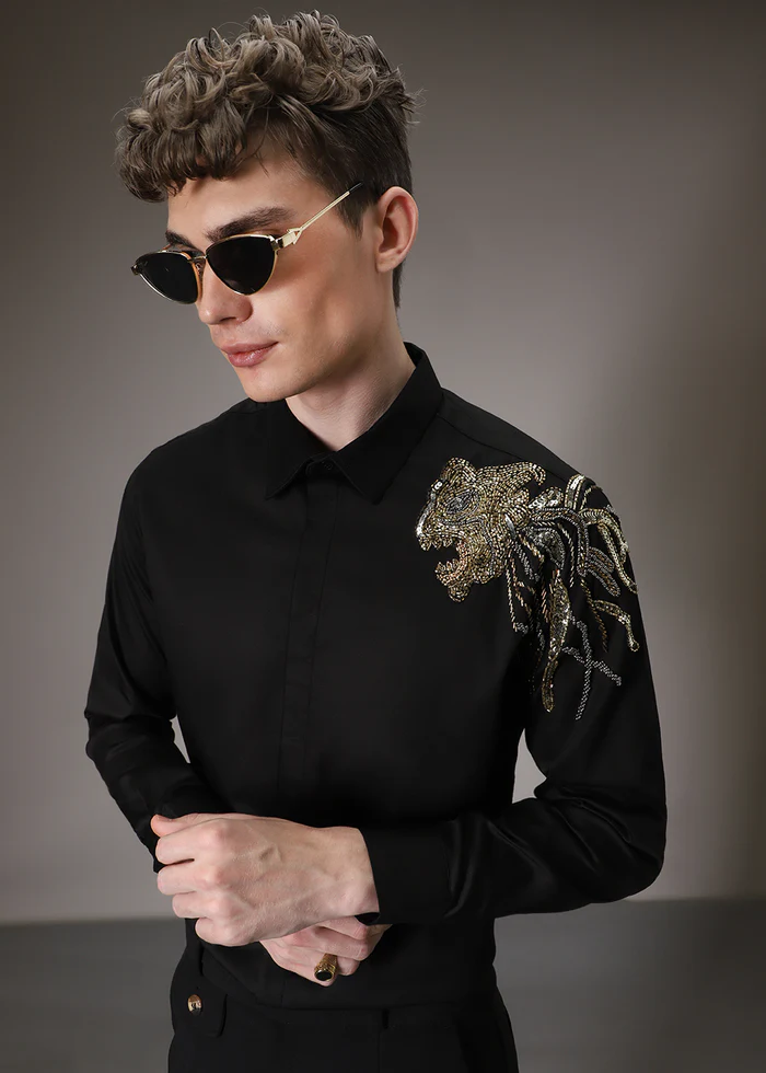Men’s black designer shirt with gold embroidered shoulder detail