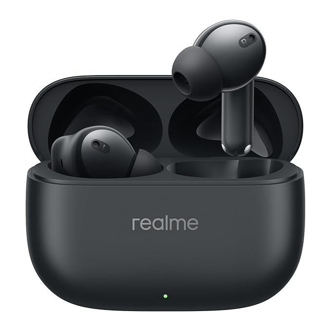 Realme black wireless earbuds with charging case
