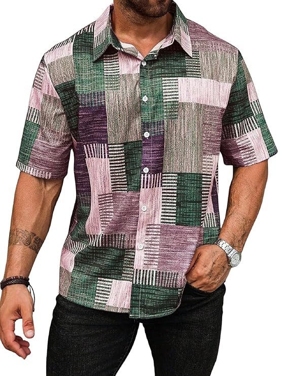 Multicolor patchwork casual shirt for men with short sleeves